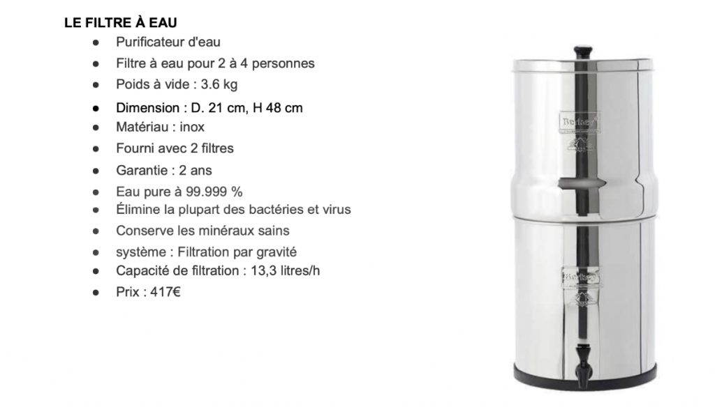 un filtre d'eau avec les informations afférentes